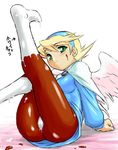  angel_wings ass blonde_hair blue blush body_chocolate boots breath_of_fire breath_of_fire_iv censored chocolate crotch_seam dr.p hairband leg_lift legs nina_(breath_of_fire_iv) no_pants no_shoes pantyhose pussy see-through short_hair simple_background sitting solo sweat tongue topless underwear vanilla very_short_hair wariza white_background wings 