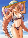  animal_ears beach blush braid breasts breath_of_fire breath_of_fire_iii cloud covered_navel covered_nipples day dr.p hat large_breasts long_hair momo_(breath_of_fire) navel ocean open_mouth orange_hair red_eyes red_hair smile solo sun_hat swimsuit tan tanline twin_braids twintails very_long_hair 