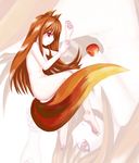  animal_ears apple artist_request barefoot brown_hair food fruit holding holding_food holding_fruit holo long_hair nude red_eyes solo spice_and_wolf tail wolf_ears wolf_tail 