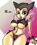  animal_ears barbara_bat bikini_bottom black_hair bracelet breasts crop_top daigasso!_band_brothers dated earrings em-point eyeshadow fangs feather_boa hoop_earrings jewelry large_breasts lips makeup navel nipple_slip nipples short_hair solo spiked_bracelet spikes wide_hips 