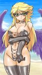  angel_wings beach blonde_hair blush bondage_outfit breasts breath_of_fire breath_of_fire_ii cloud day dr.p green_eyes large_breasts legs long_hair nina_(breath_of_fire_ii) ocean purple_wings solo tan thighs wings 