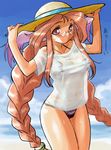  animal_ears beach blush braid breasts breath_of_fire breath_of_fire_iii cloud covered_navel covered_nipples day dr.p glasses hat large_breasts long_hair momo_(breath_of_fire) ocean orange_hair red_eyes red_hair see-through shiny shiny_skin shirt solo sun_hat swimsuit tan taut_clothes taut_shirt twin_braids twintails very_long_hair 