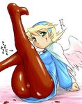  angel_wings ass blonde_hair blue_dress blush body_chocolate breath_of_fire breath_of_fire_iv censored chocolate crotch_seam dr.p dress hairband leg_lift legs nina_(breath_of_fire_iv) no_pants no_shoes pantyhose pussy see-through short_hair simple_background sitting solo sweat tongue topless very_short_hair wariza white_background wings 