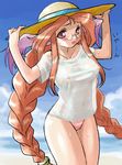  animal_ears beach bikini bikini_bottom blush braid breasts breath_of_fire breath_of_fire_iii bunny_ears collarbone covered_nipples day dr.p glasses hat large_breasts long_hair momo_(breath_of_fire) no_bra non-web_source orange_hair outdoors red_eyes red_hair see-through shirt solo sun_hat swimsuit t-shirt twintails 