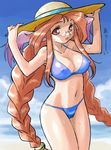  animal_ears beach blush braid breasts breath_of_fire breath_of_fire_iii cloud covered_nipples day dr.p glasses hat large_breasts long_hair momo_(breath_of_fire) ocean orange_hair red_hair smile solo source_request sun_hat swimsuit twintails 