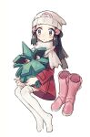  1girl beanie black_hair blush boots boots_removed coat commentary_request dawn_(pokemon) eyelashes gen_2_pokemon grey_eyes hair_ornament hairclip hat holding holding_pokemon long_hair long_sleeves noii pineco pink_footwear pokemon pokemon_(creature) pokemon_(game) pokemon_dppt pokemon_platinum red_coat scarf thighhighs white_background white_headwear white_legwear white_scarf 