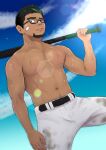  1boy abs alternate_pectoral_size bandaid bandaid_on_cheek bandaid_on_nose bara baseball_bat black-framed_eyewear black_hair cloud cloudy_sky dark-skinned_male dark_skin dirty dirty_clothes dotsu_(wtnbkwiyd) facial_hair glasses goatee green_hair highres kyoichi_(live_a_hero) live_a_hero looking_at_viewer male_focus multicolored_hair navel navel_hair nipples pants pectorals shirtless short_hair sideburns sky solo stomach streaked_hair sun sweat toned toned_male white_pants 