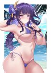 1girl absurdres armpits bangs bikini blue_sky blunt_bangs blush border braid breasts chinese_commentary cleavage cloud covered_nipples genshin_impact hair_ornament highres large_breasts long_hair looking_at_viewer micro_bikini mz_(yeye_ai_chipao_mian) navel ocean palm_tree parted_lips purple_bikini purple_eyes purple_hair raiden_shogun revision scrunchie side-tie_bikini sideboob sidelocks skindentation sky solo standing swimsuit thick_thighs thighs tree underboob v-shaped_eyebrows wrist_scrunchie 
