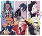  ... 1girl 5boys ahoge allister_(pokemon) armlet asymmetrical_gloves bangs black-framed_eyewear black_hair black_hoodie blue-tinted_eyewear blue_eyes blue_eyeshadow blue_hair blush border brown_jacket clenched_teeth closed_eyes collared_shirt commentary dark-skinned_female dark-skinned_male dark_skin dynamax_band earrings english_text eyeshadow gloves gordie_(pokemon) green_eyes grey_eyeshadow hair_bun hair_over_one_eye hand_up hands_up holster hood hoodie hoop_earrings jacket jewelry kabu_(pokemon) long_hair makeup mask mismatched_gloves multicolored_hair multiple_boys necklace nessa_(pokemon) noii partially_fingerless_gloves piers_(pokemon) poke_ball poke_ball_(basic) pokemon pokemon_(game) pokemon_swsh raihan_(pokemon) shirt short_hair short_sleeves shorts single_glove spoken_ellipsis sunglasses suspender_shorts suspenders sweatdrop tearing_up teeth tinted_eyewear towel towel_around_neck two-tone_hair undercut upper_teeth white_border white_hair white_jacket 