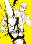  1boy abs ass bandages bandaid bandaid_on_nose bara blonde_hair bulge draw_two feet_out_of_frame kicking large_pectorals leg_up looking_at_viewer male_focus muscular muscular_male navel nipples older ooki_ikutoshi pants pectorals shirtless short_hair solo stomach sweat thick_thighs thighs tokyo_houkago_summoners torn_clothes torn_pants yellow_eyes yellow_theme 