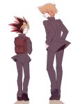  2boys backpack bag bangs blonde_hair commentary_request facing_another facing_away facing_to_the_side from_behind jacket jounouchi_katsuya male_focus multicolored_hair multiple_boys nemu_mohu open_mouth pants profile red_hair shoes simple_background smile spiked_hair teeth white_background yu-gi-oh! yu-gi-oh!_duel_monsters 