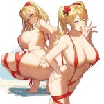  1girl areola_slip areolae ass bangs bare_shoulders blonde_hair blue_eyes blush breasts cleavage collarbone covered_nipples flower granblue_fantasy hair_intakes hibiscus highres large_breasts long_hair looking_at_viewer multiple_views navel open_mouth red_swimsuit sakanaaj1 slingshot_swimsuit smile squatting strap_gap swimsuit thighs tongue tongue_out twintails zeta_(granblue_fantasy) 