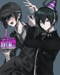  2boys :d arm_up bangs black_hair black_jacket black_pants blood blush buttons cake collared_shirt crossed_legs danganronpa_(series) danganronpa_v3:_killing_harmony double-breasted dual_persona eyelashes food grey_shirt hat highres holding holding_cake holding_food jacket knife lower_teeth magnifying_glass male_focus multiple_boys necktie open_mouth pale_skin pants pink_blood saihara_shuuichi shirt short_hair sitting smile striped striped_jacket striped_neckwear tejava_(te_java_v3) upper_body 