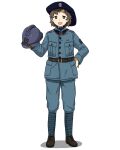  1girl absurdres adrian_helmet anyan_(jooho) belt black_belt blue_headwear blue_jacket blue_pants brown_footwear brown_hair full_body hat headwear_removed helmet helmet_removed highres jacket leg_wrap long_sleeves looking_at_viewer military military_rank_insignia military_uniform original pants shoes short_hair simple_background smile solo uniform white_background world_war_i 