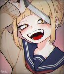  1girl :d bags_under_eyes bangs blonde_hair blue_sailor_collar blunt_bangs blush boku_no_hero_academia cardigan chromatic_aberration close-up commentary double_bun fangs hair_up hand_to_head highres holding holding_knife holding_weapon knife long_sleeves looking_at_viewer narrowed_eyes neckerchief open_mouth pink_background portrait red_neckwear sailor_collar school_uniform serafuku sidelocks signature slit_pupils smile solo teeth toga_himiko tomitacchi weapon yellow_cardigan yellow_eyes 