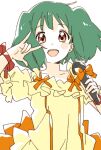  1girl :d \m/ blush bow eyebrows_visible_through_hair green_hair highres holding holding_microphone looking_at_viewer macross macross_frontier microphone namori open_mouth orange_bow ranka_lee red_eyes short_hair simple_background smile solo thighhighs white_background 