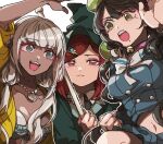  3girls :d arm_up bangs bikini black_hair black_jacket breasts buttons chabashira_tenko collarbone collared_shirt danganronpa_(series) danganronpa_v3:_killing_harmony dark-skinned_female dark_skin double-breasted eyebrows_visible_through_hair green_eyes grey_hair hair_ornament hair_ribbon hairband highres jacket large_breasts layered_skirt long_hair looking_at_viewer medium_hair mi_cha_iru mole mole_under_mouth multiple_girls navel open_mouth pleated_skirt ribbon school_uniform serafuku shell_necklace shirt skirt smile stomach swimsuit symbol-only_commentary twintails upper_teeth yonaga_angie yumeno_himiko 