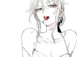  1girl bare_shoulders bra breasts buttoniris cherry cleavage food fruit grey_hair hair_bun half-closed_eyes looking_at_viewer mouth_hold original pink_eyes sidelocks simple_background solo two_(buttoniris) underwear upper_body white_background white_bra 