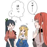  3girls bare_shoulders black_hair blonde_hair breasts cleavage fletcher_(kancolle) flying_sweatdrops hakama helena_(kancolle) houshou_(kancolle) japanese_clothes kantai_collection long_hair medium_breasts multiple_girls orange_hair ponytail solid_oval_eyes sweatdrop translated triangle_mouth yoichi_(umagoya) 