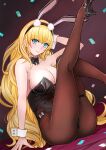  1girl animal_ears armpits ass azur_lane bare_shoulders blonde_hair blue_eyes breasts brown_legwear cleavage confetti detached_collar eyebrows_visible_through_hair fake_animal_ears hand_in_hair highres large_breasts leotard long_hair looking_at_viewer north_carolina_(azur_lane) north_carolina_(the_heart&#039;s_desire)_(azur_lane) official_alternate_costume pantyhose playboy_bunny rabbit_ears sai-go solo strapless strapless_leotard very_long_hair wrist_cuffs 