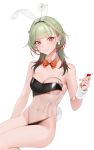  1girl :3 animal_ears azur_lane bangs bare_shoulders blunt_bangs blush bow bowtie breast_tattoo breasts bunny_earrings cleavage closed_mouth collarbone detached_collar ear_piercing earrings eyebrows_visible_through_hair fake_animal_ears fake_tail fingernails giuseppe_garibaldi_(azur_lane) gradient_hair green_hair heart highleg highleg_leotard highres holding holding_heart invisible_chair jewelry leotard long_fingernails multicolored_hair nail_polish navel ohisashiburi orange_bow orange_nails orange_neckwear piercing rabbit_ears red_eyes red_hair see-through simple_background sitting smile solo stomach symbol-only_commentary tail tattoo white_background wrist_cuffs 