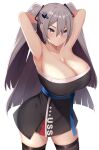  1girl absurdres armpits arms_behind_head arms_up azur_lane bangs bare_shoulders black_dress black_legwear blue_eyes breasts cleavage closed_mouth clothes_writing collarbone commentary_request commission covered_navel cowboy_shot dress grey_hair hair_between_eyes highres intrepid_(azur_lane) large_breasts long_hair no_mole partial_commentary shidaidaka short_dress sidelocks simple_background skeb_commission skindentation solo standing strapless strapless_dress taut_clothes taut_dress thighhighs two_side_up underbust very_long_hair white_background zettai_ryouiki 