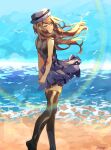  1girl bangs bare_arms bird blush brown_hair brown_legwear commentary day english_commentary floating_hair hat highres long_hair outdoors parted_lips pleated_skirt pokemon pokemon_(game) pokemon_xy sand serena_(pokemon) sheery_sbox shirt shore signature skirt sleeveless sleeveless_shirt smile solo standing thighhighs tiptoes water 