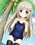  1girl artist_request black_legwear blue_eyes blue_swimsuit blush brown_hair cloud eyebrows_visible_through_hair fingers_together hair_ornament hairclip highres kud_wafter little_busters! long_hair noumi_kudryavka old_school_swimsuit one-piece_swimsuit outdoors palm_tree pout school_swimsuit sky solo swimsuit thigh_gap thighhighs thighs tree 