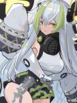  1girl arknights armpits asususususu bangs black_shorts breasts chain character_request gas_mask green_eyes grey_hair grey_jacket hair_between_eyes highres jacket long_hair long_sleeves looking_at_viewer mask multicolored_hair shirt shorts simple_background solo streaked_hair white_shirt 