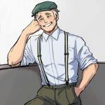  1boy alternate_costume blush buttons closed_eyes collared_shirt commentary english_commentary green_headwear grey_hair grin hand_in_pocket hat highres kabu_(pokemon) male_focus nitefise pants pokemon pokemon_(game) pokemon_swsh raised_eyebrows shirt short_hair smile solo suspenders white_shirt 