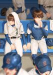  2boys ace_of_diamond baseball_cap baseball_helmet baseball_jersey baseball_mitt baseball_uniform belt brown_eyes brown_hair closed_mouth cup extra faceless hat helmet highres holding holding_cup knee_pads looking_at_another male_focus miyuki_kazuya multiple_boys pants people poru_bm sawamura_eijun short_hair sitting sportswear towel towel_on_head visor white_pants 