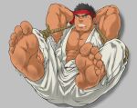  1boy abs alternate_facial_hair alternate_skin_color bara bare_pectorals bound bound_arms bound_legs dark-skinned_male dark_skin facial_hair feet foot_focus full_body headband large_pectorals long_sideburns male_focus mature_male muscular muscular_male navel nipples pectorals presenting_foot ryu_(street_fighter) shibari short_hair sideburns soles solo stomach street_fighter stubble tetsu_(kurotetsu1379) thick_eyebrows toes 