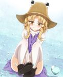  1girl :3 bangs black_footwear blonde_hair blue_background brown_headwear closed_mouth eyebrows_visible_through_hair full_body gradient gradient_background highres knees_up looking_at_viewer moriya_suwako rain reijing_etrn short_hair sidelocks sitting smile solo thighhighs touhou turtleneck v_arms white_legwear yellow_eyes 