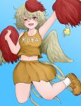  1girl ;d alternate_costume bangs bird bird_wings blonde_hair blue_background cheerleader chick clothes_writing eyebrows_visible_through_hair fe_(tetsu) full_body hand_fan highres holding holding_pom_poms looking_at_viewer multicolored_hair navel niwatari_kutaka one_eye_closed open_mouth orange_footwear orange_skirt orange_tank_top pom_pom_(cheerleading) red_eyes red_hair shoes simple_background skirt smile sneakers tank_top touhou two-tone_hair wings yellow_wings 
