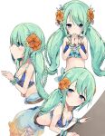  1girl bangs bare_shoulders bikini blue_bikini blue_eyes blush breasts chika_(princess_connect!) collarbone flower green_hair hair_flower hair_ornament long_hair looking_at_viewer multiple_views navel open_mouth pkpkpppk princess_connect! sarong side_braids sidelocks small_breasts swimsuit twintails 