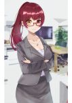  1girl absurdres alternate_costume alternate_hairstyle bespectacled blush breast_hold breasts cleavage closed_mouth collarbone crossed_arms earrings eyebrows_visible_through_hair formal glasses haru_yu heart heart_necklace heterochromia highres hololive houshou_marine indoors jewelry large_breasts lips long_hair long_sleeves looking_at_viewer office_lady ponytail rectangular_eyewear red-framed_eyewear red_eyes red_hair semi-rimless_eyewear smile solo suit under-rim_eyewear virtual_youtuber yellow_eyes 