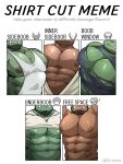  5boys abs absurdres areolae bara bare_pectorals beard bursting_pectorals clothes_lift colored_skin covered_nipples dark_skin facial_hair fangs green_skin head_out_of_frame highres large_areolae large_pectorals maldu_(chokeylover) male_focus manboobs mature_male meme monster_boy multiple_boys muscular muscular_male nipples orc original pectoral_cleavage pectoral_focus pectorals shiny shiny_skin shirt shirt_cut_meme shirt_lift sidepec sweat tank_top torn_clothes torn_shirt white_tank_top 