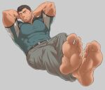  1boy arms_behind_head bara barefoot beard chris_redfield covered_abs covered_navel crossed_legs facial_hair feet foot_focus foreshortening full_body green_shirt grey_pants large_pectorals male_focus mature_male muscular muscular_male pants pectorals presenting_foot resident_evil resident_evil_5 shirt short_hair sideburns sitting socks soles solo stomach stubble taut_clothes taut_shirt tetsu_(kurotetsu1379) toes 