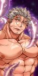  1boy abs absurdres bara beard completely_nude dagon_(tokyo_houkago_summoners) dark-skinned_male dark_skin facial_hair fins fish_boy grey_hair head_tilt highres jewelry kizami_nori_to_yamaimo large_pectorals long_sideburns male_focus mature_male muscular muscular_male necklace nipples nude pectorals sharp_teeth short_hair sideburns smile solo sparkle stomach stubble teeth tentacles tokyo_houkago_summoners upper_body 