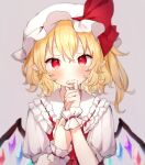  1girl bangs blonde_hair blush bow closed_mouth collar collared_dress crystal dress eyebrows_visible_through_hair flandre_scarlet grey_background hair_between_eyes hands_up hat hat_ribbon honotai jewelry looking_at_viewer mob_cap multicolored multicolored_wings one_side_up puffy_short_sleeves puffy_sleeves red_bow red_dress red_eyes red_ribbon ribbon shirt short_hair short_sleeves simple_background solo tears touhou white_headwear white_shirt white_sleeves wings wrist_cuffs 