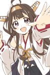  1girl :d ahoge bangs black_skirt blush brown_hair detached_sleeves double_bun eyebrows_visible_through_hair hair_ornament hairband headgear highres japanese_clothes kantai_collection kongou_(kancolle) long_hair looking_at_viewer multiple_girls namori nontraditional_miko open_mouth purple_eyes simple_background skirt smile solo white_background 