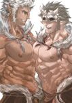  2boys abs bara bare_pectorals beard black_tribe brown_hair brown_male_underwear bulge bulges_touching cotsu_kotsu dark-skinned_male dark_skin facial_hair feather_necklace from_side grey_male_underwear highres large_pectorals loincloth long_sideburns male_focus male_pubic_hair male_underwear mask mature_male multicolored_hair multiple_boys muscular muscular_male navel navel_hair nipples pectoral_docking pectoral_press pectorals pointy_ears pubic_hair revealing_clothes short_hair sideburns skull_mask smile spiked_hair stomach stubble tangaroa tokyo_houkago_summoners tooth_necklace tribal two-tone_hair underwear unfinished white_hair yaoi 