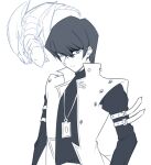  1boy bangs blue-eyes_white_dragon card closed_mouth coat dragon hair_between_eyes jacket kaiba_seto logo long_sleeves looking_at_viewer male_focus monochrome nemu_mohu shirt short_hair simple_background sleeveless_coat upper_body white_background yu-gi-oh! yu-gi-oh!_duel_monsters 