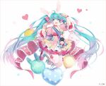  1girl :d ahoge animal_ear_fluff animal_ears aqua_hair arm_up balloon blue_eyes boots bow character_name commentary cross-laced_footwear dress flower gradient_hair hair_bow hakusai_(tiahszld) hand_up hatsune_miku heart heart_balloon lace-up_boots long_hair looking_at_viewer midair multicolored_hair open_mouth pink_dress pink_hair puffy_short_sleeves puffy_sleeves rabbit_ears red_bow roller_skates rose short_sleeves skates smile solo striped striped_bow thighhighs thighhighs_under_boots twintails upper_teeth very_long_hair vocaloid white_background white_footwear white_legwear yellow_flower yellow_rose 