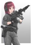  1girl aiming alternate_costume angel_beats! belt black_gloves black_pants border commentary_request commission contrapposto cowboy_shot d-sawa613 earmuffs gloves gradient gradient_background grey_background gun highres iwasawa pants red_eyes red_hair rifle short_hair skeb_commission solo weapon weapon_request white_border 