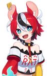  1girl :d alternate_hairstyle animal_ears bare_shoulders blue_eyes blush bright_pupils clothes_writing collar cropped_shirt detached_sleeves hakos_baelz highres hololive hololive_english looking_at_viewer mouse_ears mousetrap multicolored_hair off-shoulder_shirt off_shoulder open_mouth print_shirt red_hair sharp_teeth shirt short_hair simple_background smile solo spiked_collar spikes teeth upper_body upper_teeth virtual_youtuber white_background white_pupils yoako 