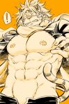  ! 1boy abs animal_ears bara bare_pectorals blush draw_two furry furry_male jacket large_pectorals male_focus muscular muscular_male navel nipples nomad_(tokyo_houkago_summoners) open_clothes open_fly open_jacket orange_theme pectorals short_hair solo spoken_exclamation_mark stomach tail tail_raised tiger_boy tiger_ears tiger_tail tokyo_houkago_summoners 