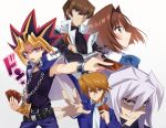  1girl 4boys bakura_ryou bangs belt black_hair black_shirt blonde_hair blue_jacket blue_pants brown_hair card chain coat crossed_arms evil_grin evil_smile foreshortening grey_coat grin hair_between_eyes holding jacket jewelry jounouchi_katsuya kaiba_seto long_hair looking_at_viewer male_focus mazaki_anzu millennium_puzzle multicolored_hair multiple_boys nemu_mohu open_mouth outstretched_arm pants profile red_eyes shirt smile spiked_hair yami_yuugi yu-gi-oh! yu-gi-oh!_duel_monsters 