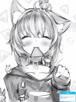  6+girls :3 ahoge animal_ears belt_collar blush cat_ears catchphrase closed_eyes collar ear_down facing_viewer greyscale hand_up highres hololive hood hood_down hoodie inugami_korone long_sleeves minato_aqua minigirl monochrome mouth_hold multiple_girls murasaki_shion nanashi_(nlo) nekomata_okayu ookami_mio paw_pose shirakami_fubuki smile solo_focus upper_body 