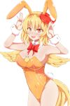  1girl :d alternate_costume animal_ears bangs between_breasts bird bird_wings blonde_hair bow bowtie breasts bunny_pose chick cleavage cowboy_shot detached_sleeves eyebrows_visible_through_hair highres large_breasts leotard looking_at_viewer multicolored_hair navel niwatari_kutaka open_mouth orange_leotard playboy_bunny rabbit_ears rabbit_tail red_bow red_hair red_neckwear seo_haruto short_hair simple_background smile solo standing tail tail_feathers touhou two-tone_hair white_background wings wrist_cuffs yellow_eyes yellow_wings 